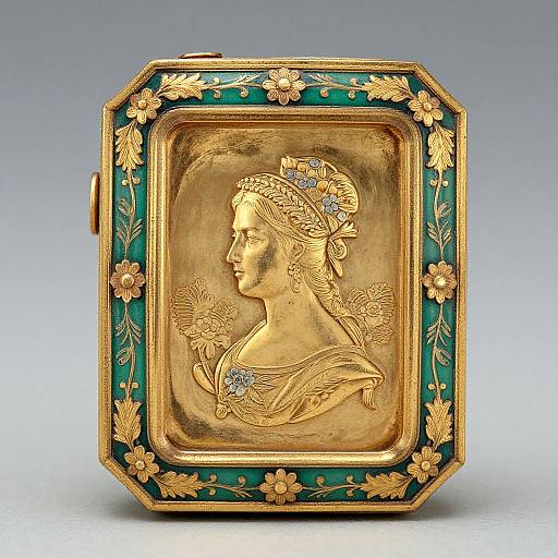 Ornate gold and green floral-embellished box with raised profile of a crowned woman, detailed flowers, and blue gems, photographed against a