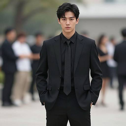 Photograph of an Asian man with short black hair, wearing a black suit and tie, standing confidently in an outdoor blurred crowd.