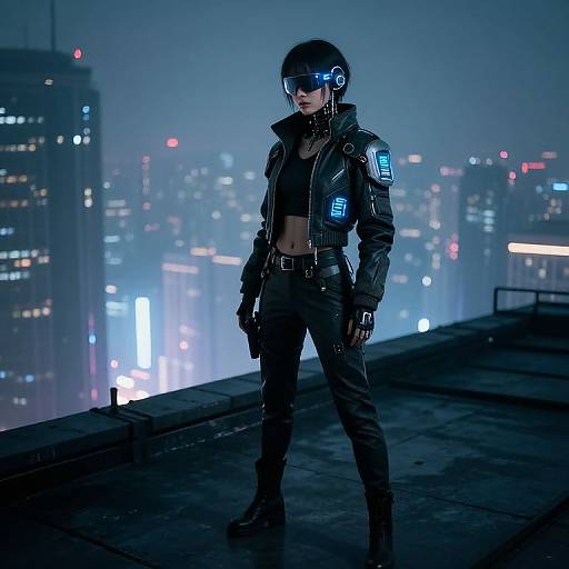 Cyberpunk woman in black leather jacket, gloves, and headphones stands confidently on a rooftop at night, city lights glowing in the foggy background.