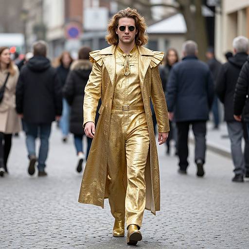 Photograph of a man with long, wavy brown hair, wearing a shiny gold coat, pants, and boots, striding down a cobble