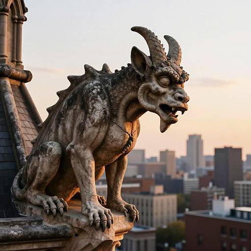 Photograph of a detailed, stone gargoyle with horns and an open mouth, perched on a rooftop against a cityscape sunset background.