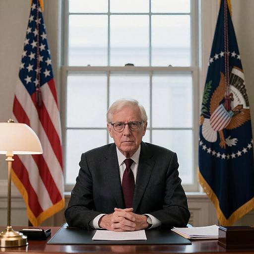 Serious Older Man at Desk with Flags