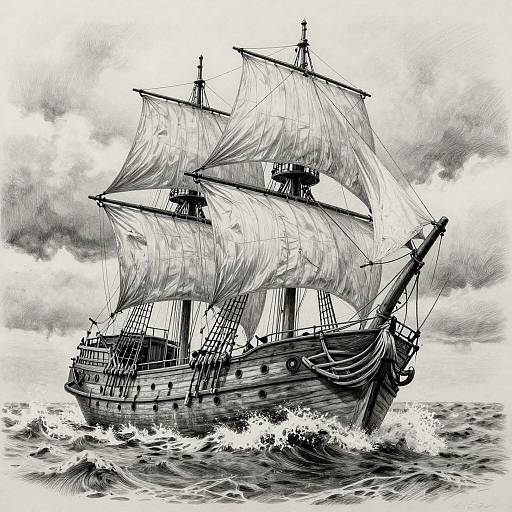 Detailed black-and-white ink drawing of a traditional sailing ship with billowing sails, navigating choppy waters under a cloudy sky.