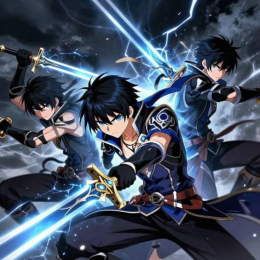 Dynamic anime illustration of three black-haired, blue-eyed male warriors with glowing blue swords, black clothing, and intense expressions, surrounded by electric energy.