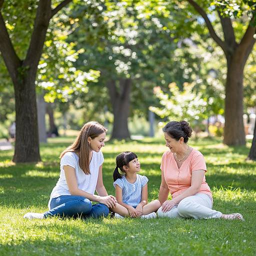 Photograph of a family of three, including a woman in a white shirt, a girl in a blue dress, and another woman in a peach shirt