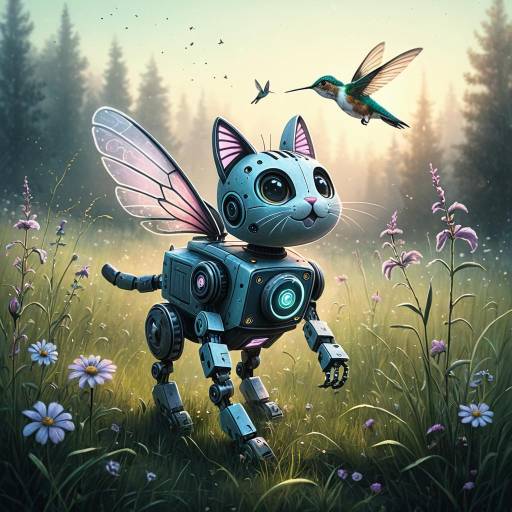 Timid Robotic Cat and Hummingbird in Meadow Timid Robotic Cat and Hummingbird in Meadow