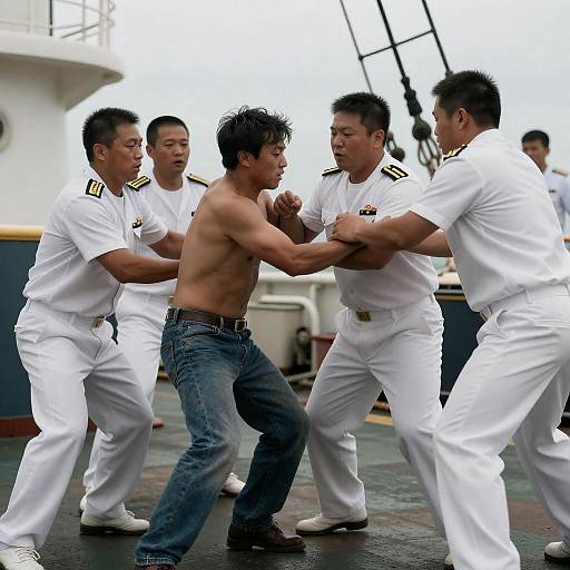 Shirtless Man Restrained by Naval Officers on Ship Deck