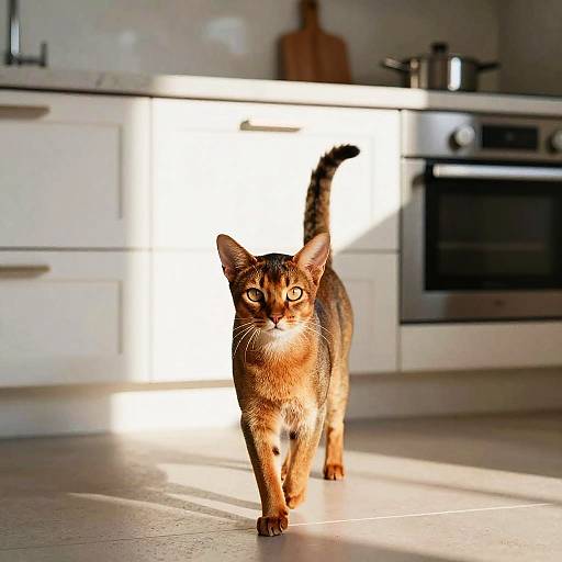 Abyssinian Cat Walking in Modern Kitchen