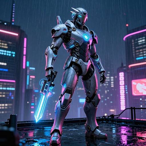 Cybernetic warrior with glowing blue lights stands in rainy neon cityscape, holding futuristic blue sword. Digital CGI, cyberpunk style.