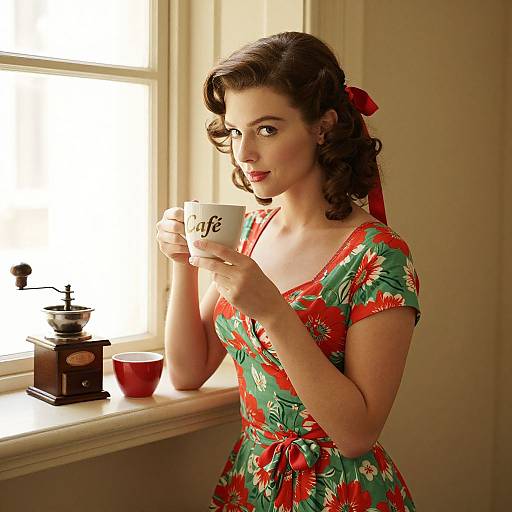 Vintage-style photograph of a fair-skinned woman with dark, wavy hair and red ribbon, wearing a green and red floral dress, holding a white