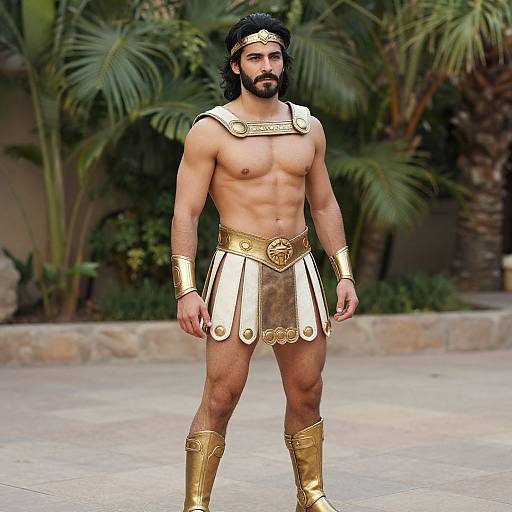 Photograph of a muscular man with long black hair and beard, wearing a gold ancient Roman-style armor and skirt, standing in a tropical garden.