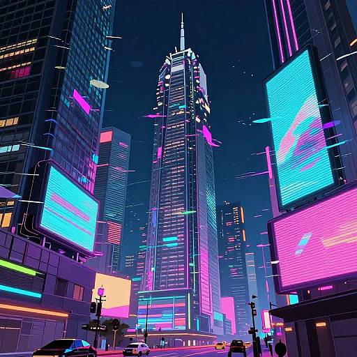 Neon-lit, futuristic cityscape at night featuring a towering skyscraper surrounded by vibrant, glowing digital billboards in blue, pink, and purple