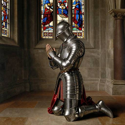 Photograph of a knight in shiny, medieval armor kneeling in prayer, hands raised, in a dimly lit stone cathedral with colorful stained glass windows in