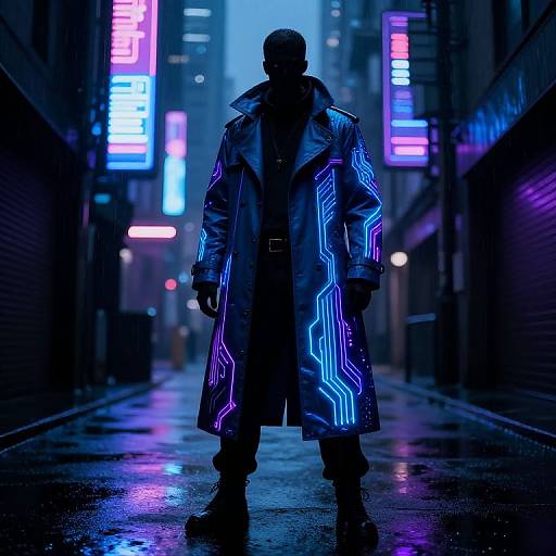 Neon-lit cyberpunk alley: Silhouetted man in glowing blue and purple neon-patterned trench coat stands on wet, reflective street.