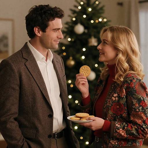 Couple Sharing Cookies by Christmas Tree