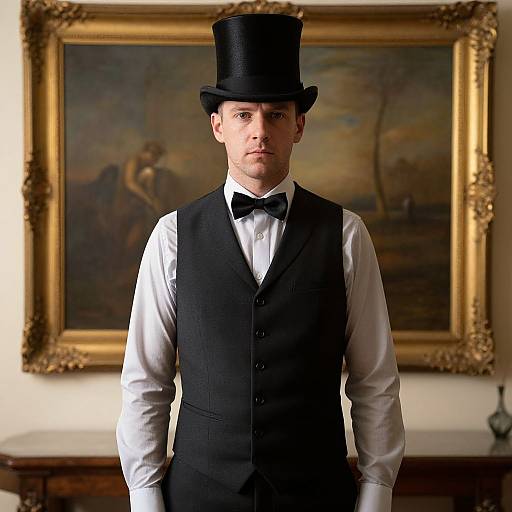Photograph of a stern-looking young man in a black top hat, white shirt, black vest, and bow tie, standing in front of a framed