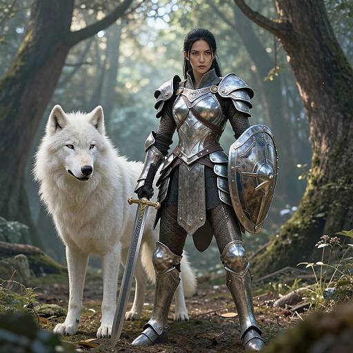 Digital art: Armored woman with black hair, silver armor, sword, and shield stands in a forest beside a white wolf. Sunlight filters through