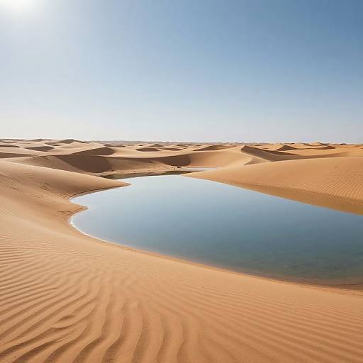 Photograph of a serene desert landscape with rippled sand dunes, a clear blue sky, and a reflective oases pool in the center.