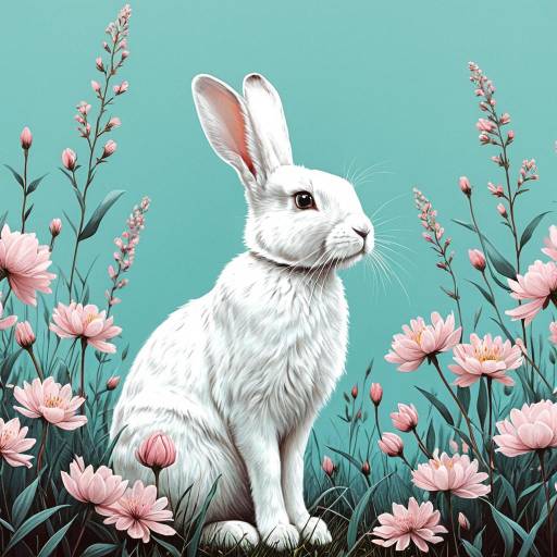 White Rabbit Among Pink Flowers