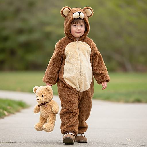 Photograph of a smiling young boy in a brown bear onesie with beige belly, holding a small teddy bear, walking on a paved path with