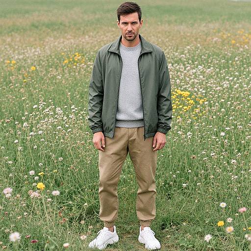 Photograph of a man standing in a wildflower field, wearing a green jacket, white tee, beige pants, and white sneakers.