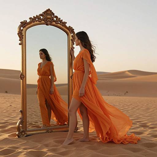 Photograph of a woman in an orange, flowing dress standing barefoot in a desert, reflecting in an ornate gold mirror.