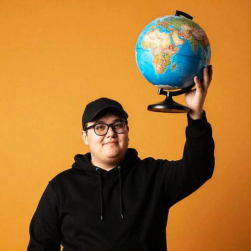 Man Raising Globe Against Orange Background