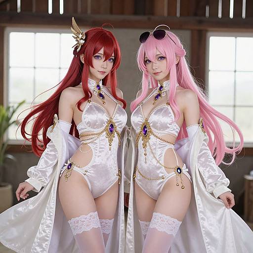 Photograph of two anime-style cosplayers with long red and pink hair, wearing white lingerie, thigh-high stockings, and gold chains, standing indoors with