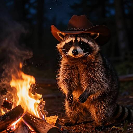 Raccoon Cowboy by Campfire at Night