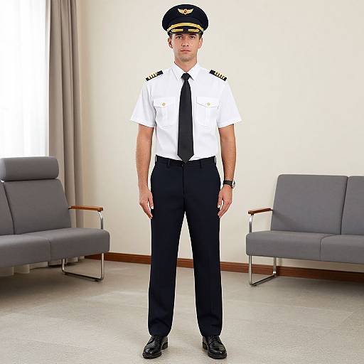 Photograph of a male pilot standing in a room, wearing a white shirt, black tie, black pants, and pilot hat, with gray chairs in