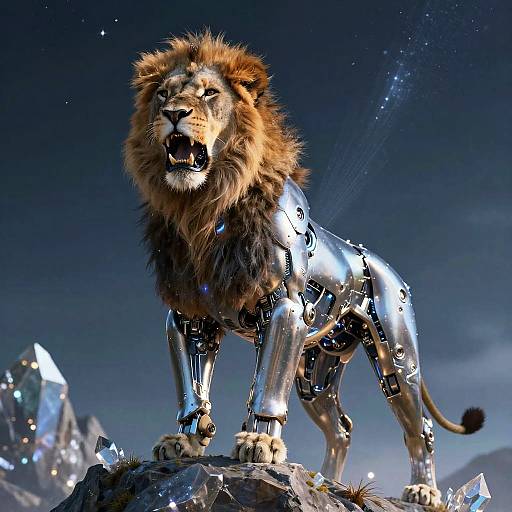 Cybernetic Lion Roaring on Crystal Peak