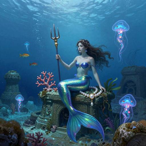 Mystical Deep-Sea Mermaid with Trident