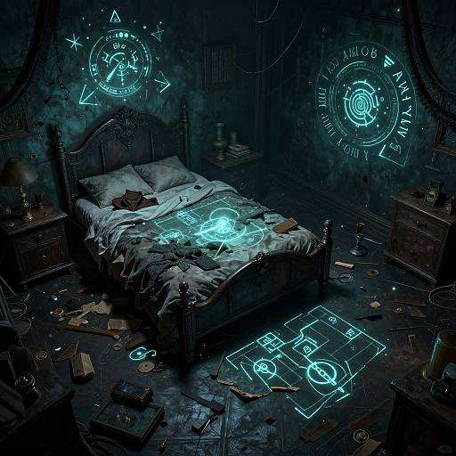 Dark, mystical bedroom with glowing blue magical symbols on walls and bed, cluttered with papers, books, and furniture. Neon blue magic circles on floor