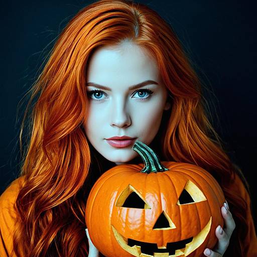 Red-haired Woman Holding Jack-o'-Lantern Pumpkin
