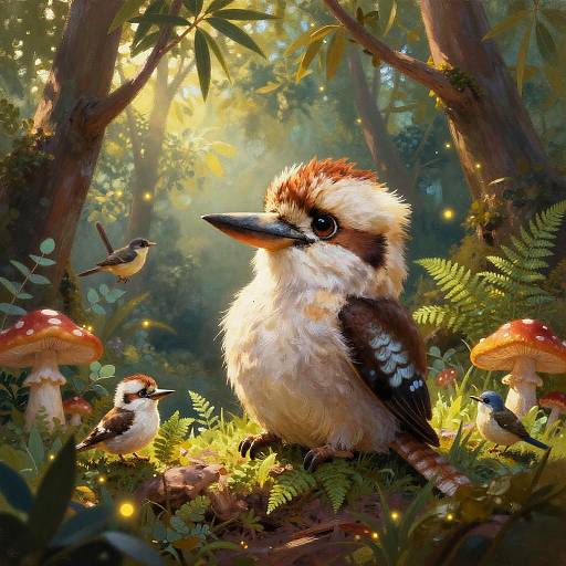 Digital painting of a fluffy, brown-and-white woodpecker surrounded by tiny birds and mushrooms in a sunlit, enchanted forest.