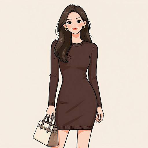 Digital illustration of a smiling Asian woman with long black hair, wearing a fitted black long-sleeve dress, holding a beige handbag, against a
