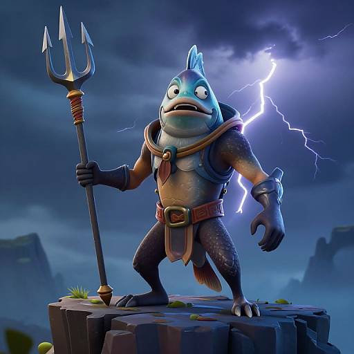 CGI image of a muscular, blue-scaled anthropomorphic fish warrior with a trident, wearing armor, standing on a rock during a lightning storm