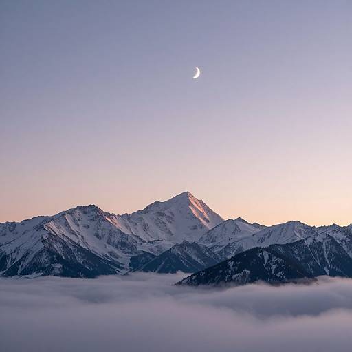 Photograph of a snow-capped mountain range at sunrise, with a crescent moon in the clear sky, and fog gently covering the lower peaks.