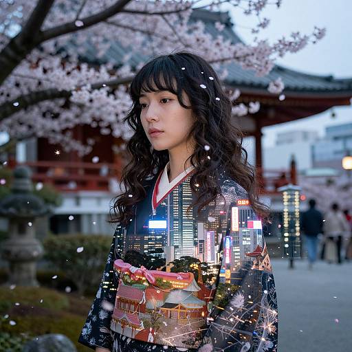 Photograph of a young Asian woman with long, wavy black hair, wearing a reflective kimono, standing under cherry blossoms with blurred temple and