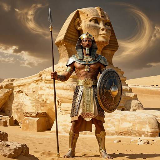 Photograph of a muscular, dark-skinned man in ancient Egyptian warrior attire, holding spear and shield, standing before a massive stone statue with a dramatic