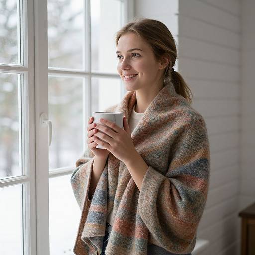 Photograph of a smiling young woman with light brown hair in a ponytail, wearing a plaid blanket, holding a white mug, standing by a