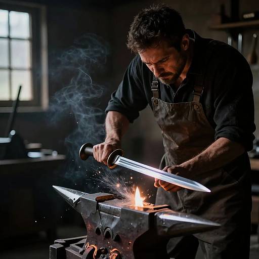 Photograph of a bearded blacksmith with short dark hair, wearing a dark apron, hammering a sword on an anvil with sparks and