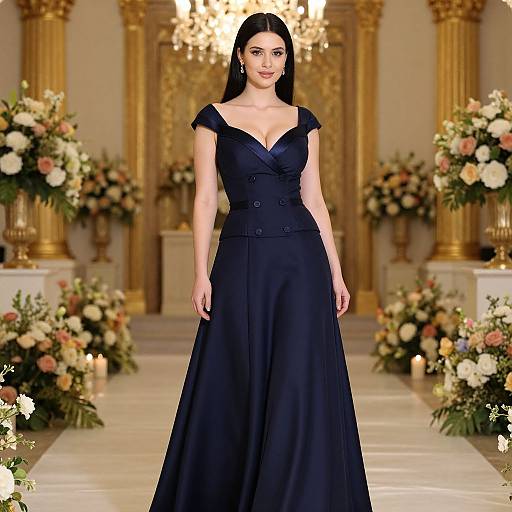 Photograph of a beautiful woman with long black hair, wearing a black, V-neck, off-shoulder gown, standing in an ornate,