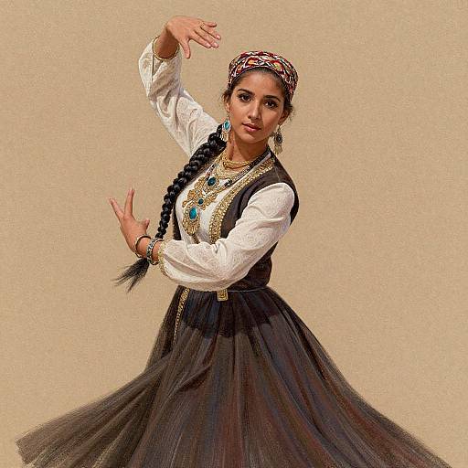 Photograph of a South Asian woman in traditional attire, braided hair, headscarf, white blouse, black tulle skirt, gold jewelry,