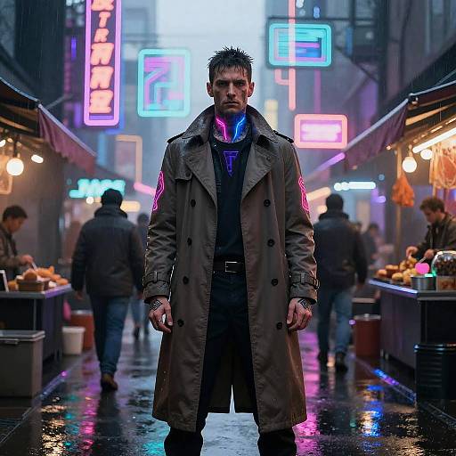 Cyberpunk street scene: Brooding man with spiked hair, gray trench coat, blue scarf, standing center, neon signs, wet pavement, market