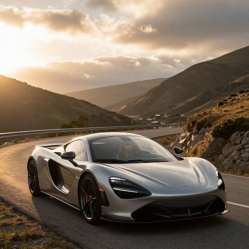 Photograph of a sleek, silver Lamborghini Huracan driving on a winding mountain road at sunset, with dramatic clouds and hills in the background.