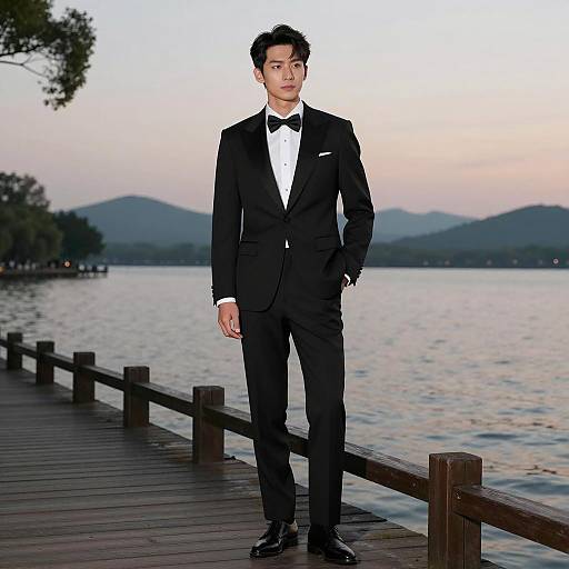Elegant Dusk: Tuxedo by the Lake