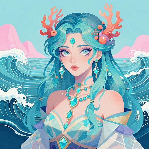 Digital art of a mermaid-like woman with teal hair, coral antlers, blue gem necklace, and off-shoulder top, set against ocean