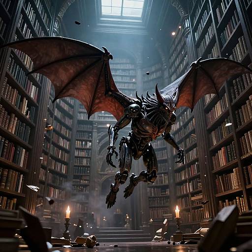Digital fantasy artwork: A menacing, metallic dragon with large wings and sharp claws flies through a dimly lit, grand library with towering bookshelves and