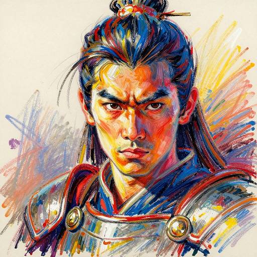 Vivid digital painting of a stern, Asian warrior with long black hair in a topknot, wearing colorful, ornate armor against a radiant background